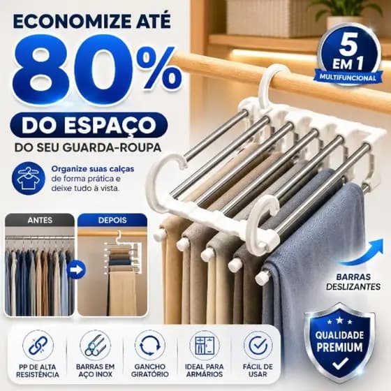 Cabide Multifuncional 5 em 1 para Calças Organizador Guarda-Roupa Economiza Espaço Aço Inox Premium BP-14000