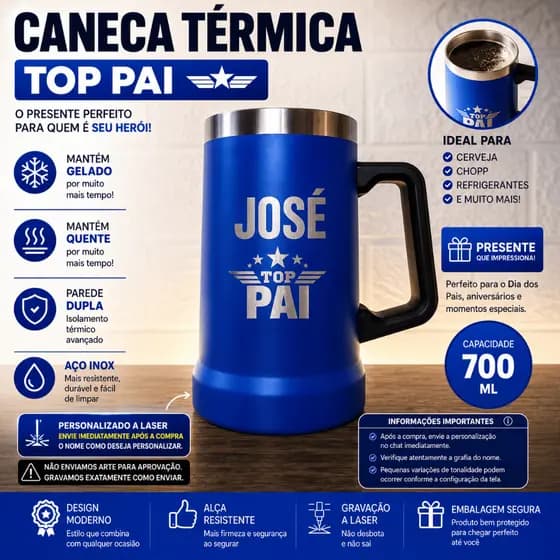 Caneca Térmica Personalizada Top Pai em Aço Inox | Presente Dia dos Pais com Gravação a Laser