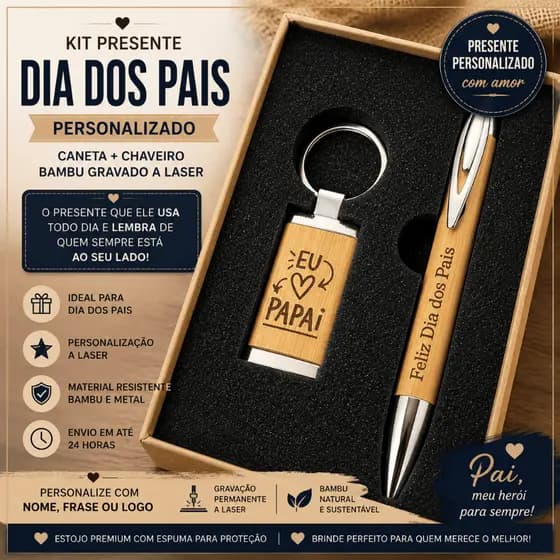 Kit Presente Dia dos Pais Personalizado | Caneta e Chaveiro Bambu Gravado a Laser | Brinde para Pai