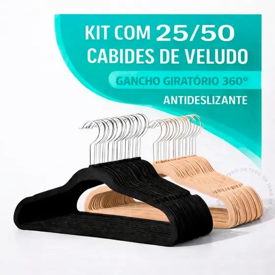 Kit 25/50 Cabides Aveludados Adulto De Veludo Antideslizante Com Gancho Giratório 360° Preto Bege