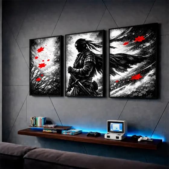 Quadros Decorativos Samurai Japonês Pétalas Preto Branco Sala Hall Quarto
