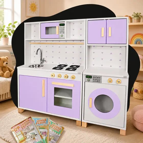 Cozinha Infantil Máquina de Lavar Lilás Madeira Brinquedo Faz de Conta Chef Kit Livro Educativo