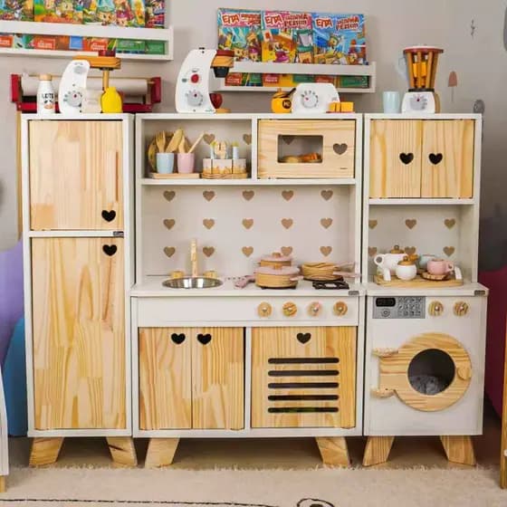 Cozinha Infantil Petit Madeira Completa Geladeira Máquina de Lavar Brinquedo Kit Livro Educativo
