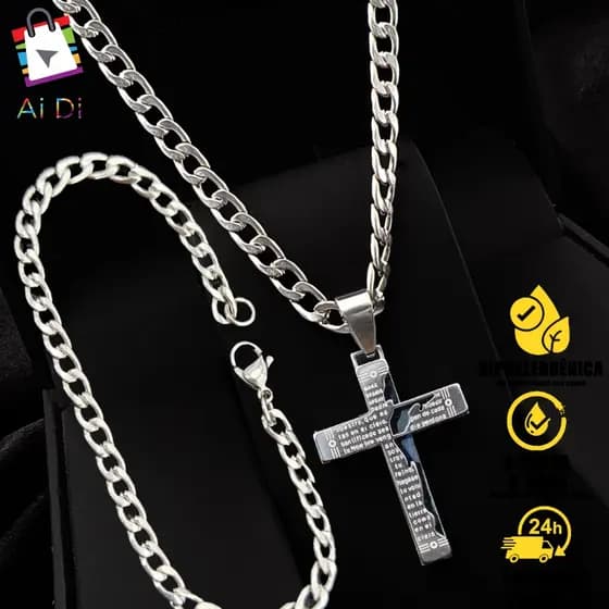 Corrente Masculinas cordão com pulseira Prata Colar de aço inoxidável e Pingente de Cruzinha 316L
