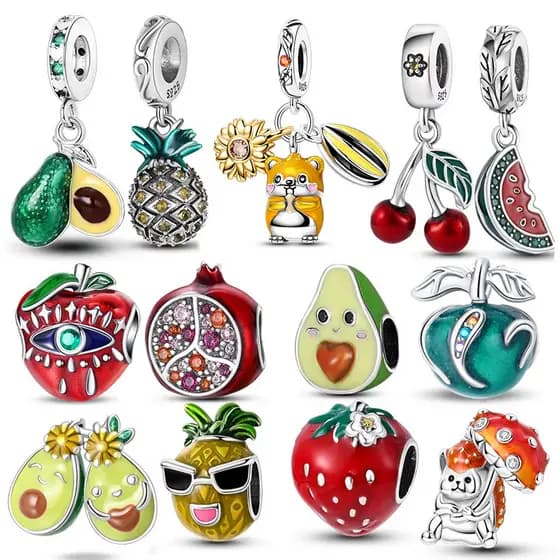 Original S925 prata frisado morango cereja abacate contas adequadas para 3MM pulseira DIY feminino jóias presente