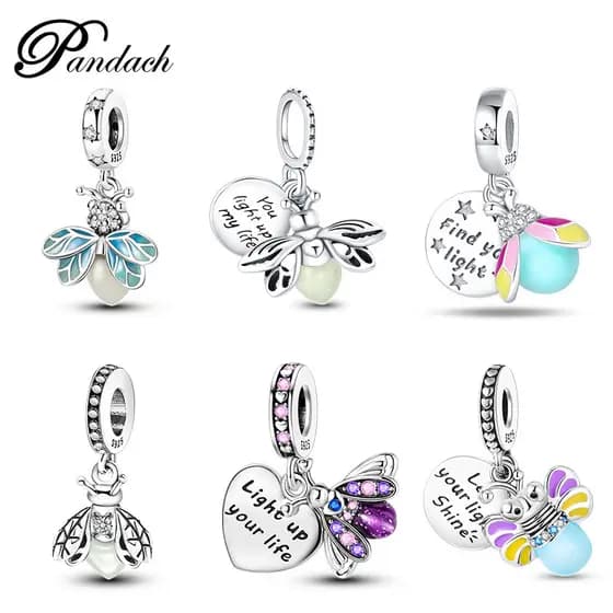 Pingente de prata esterlina Berloques S925 com Design luminoso Firefly pulseira compatível faça você mesmo