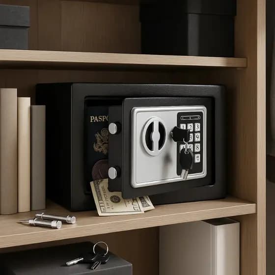 Cofre Digital Eletrônico com Senha + Chave Aço Reforçado Preto Segurança para Dinheiro e Documentos