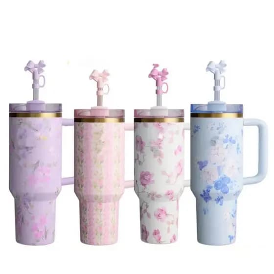 Copo Térmico Floral com Canudo 1200ml e protetor de silicone