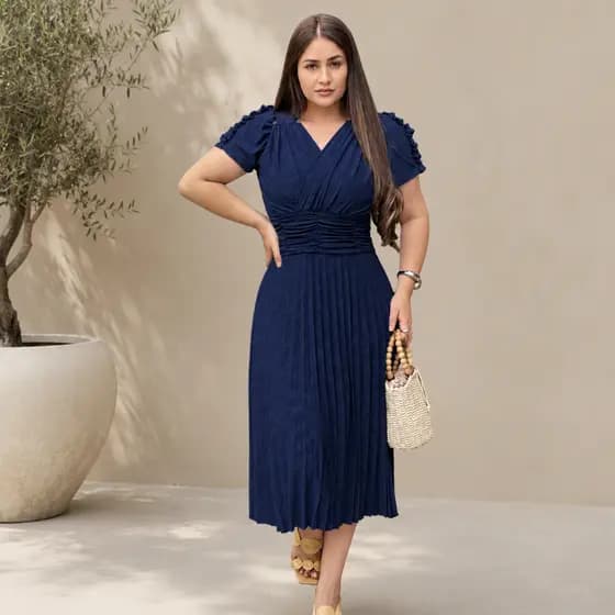 Vestido Midi Feminino Malha Lese com Elastano Plissado Moda Evangélica M ao XGG