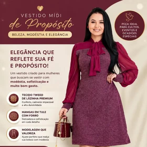 Vestido Midi Evangélico Feminino Tweed Lãzinha Manga Tule Elegante Moda Cristã Premium