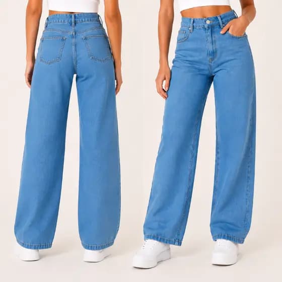 Calça Jeans Feminina Wide Leg Juvenil 100% Algodão Cintura Alta Lavagem Clara Tam 10 ao 16