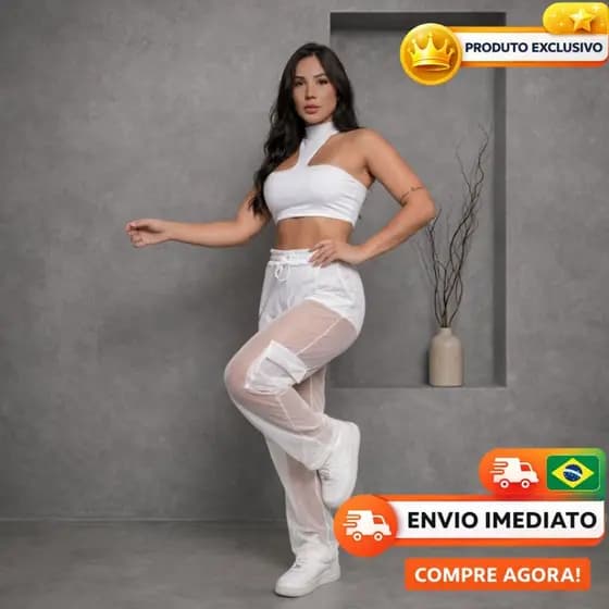 Conjunto Feminino Calça Tule Transparente Cropped Gola Alta K-Pop Hip Hop Dance Balada