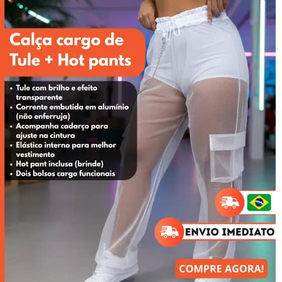Calça Wide Leg Cargo Feminina Tule Transparente Preta Branca Brilhante Streetwear Balada