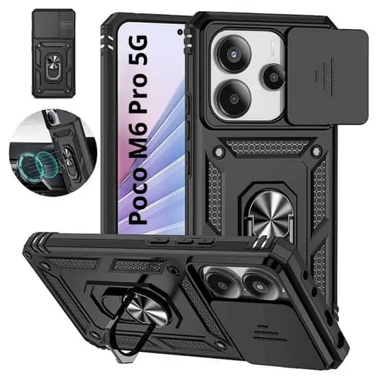 Capa Capinha Preta Com Proteção Nível Militar Com Suporte e Proteção de Câmera Para Poco M6 Pro 5G