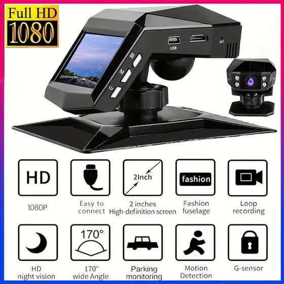 Câmera Veicular 1080P Full HD, com Gravador de Vídeo de Condução e Display LCD no Console Central, WDR 170 ° Grande angu