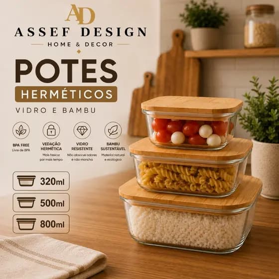 Kit 3 Potes Hermético De Vidro E Tampa Bambu Retangular Vedação Alimentos Cereais Frutas 320ml 500ml 800ml