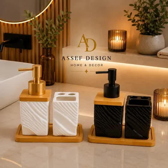 Kit Banheiro Luxo Porta Sabonete Líquido + Porta Escova em Cerâmica com Bandeja Preto e Branco – Conjunto Moderno