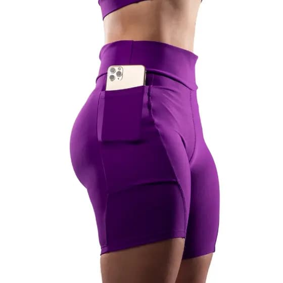 Short Academia Feminino com Bolso Bermuda Ciclista Cós Alto Suplex Fitness Compressão Corrida Cintura Alta