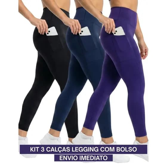 Kit 3 Calça Legging Feminina Fitness Academia com Bolsos Laterais para guardar objetos