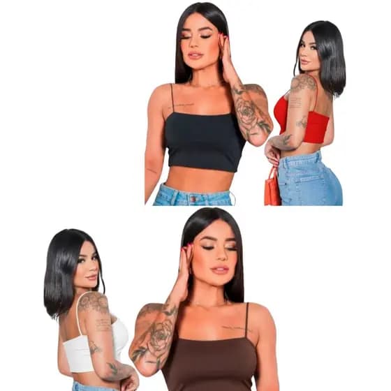 Kit 2 Cropped Top Faixa Alça Fina Elástico Básico Forro Duplo Suplex Premium Conforto Dia a Dia