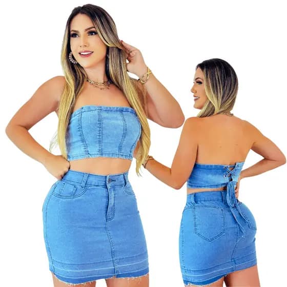 Conjunto Jeans Feminino Cropped + Saia Cintura Alta – Look Moderno, Sensual e Perfeito para ValorizarLS MODAS (Moda Jean
