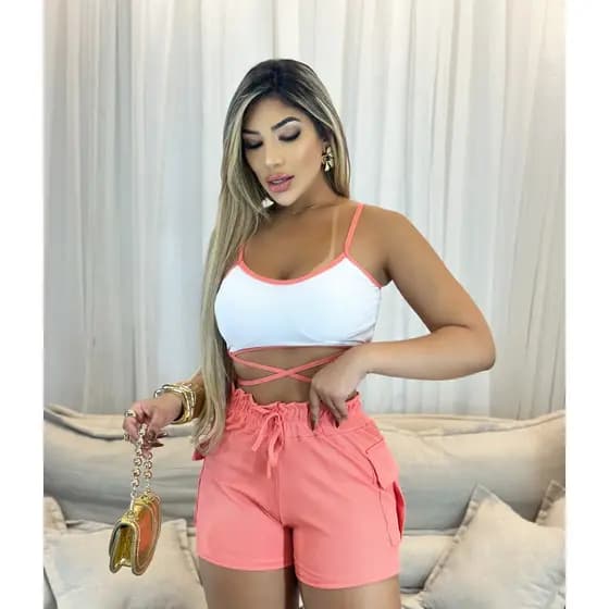 Conjunto Feminino Top Alcinha e Short Canelado Moda LS MODAS (Moda Jeans)