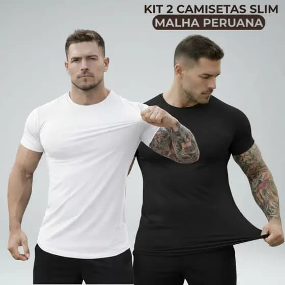 KIT 2 Camiseta Básica Masculina Slim Pima Algodão Camisa Lisa