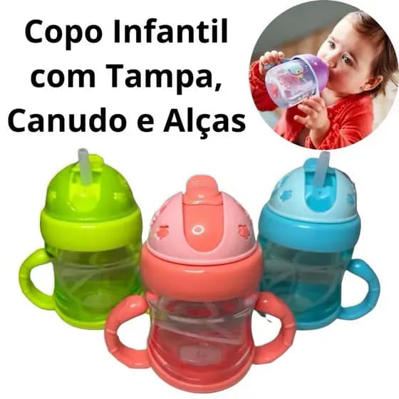 Copo Infantil Com Tampa E Canudo 200ml Com Alça Menino Menina Garrafa
