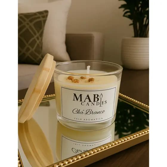 Vela Aromática Chá Branco Essência PREMIUM 100 g Pote Vidro Tampa Madeira
