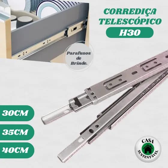 Corrediça Telescópica Trilho para Gaveta Light H30 - 30cm, 35cm e 40cm - Acompanha Parafusos