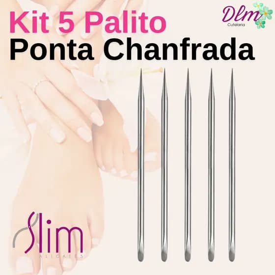 Kit 5 Palito Ponta Chanfrada Slim - Unha Manicure Profissional Inox