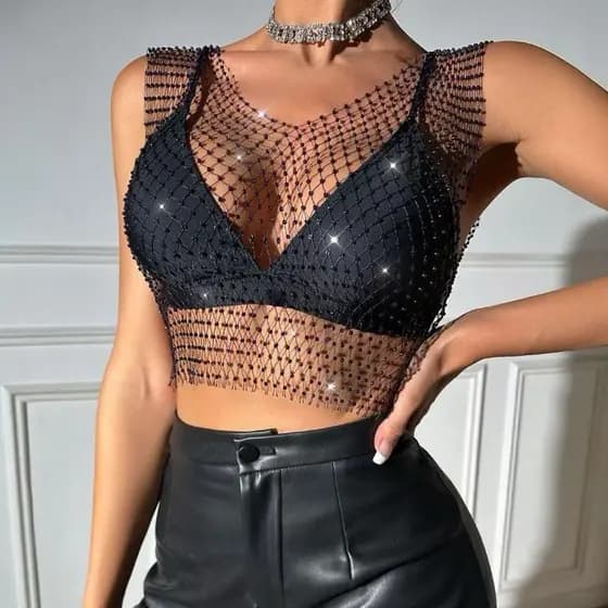 Blusa Cropped Sopreposição Telinha De Brilho Strass Arrastão Moda Blogueira