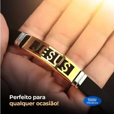 pulseira masculina dourada jesus e cruzar em aço borracha resistente pmpn3