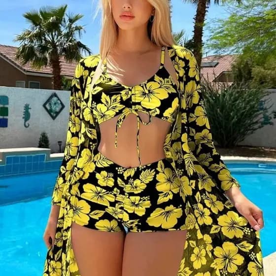 Biquíni novo estilo maiô feminino europeu americano Split três peças de cintura alta maiô 2025 novo estilo blusa