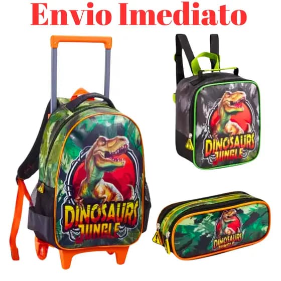 Kit Mochila Escolar Infantil Dinossauro Jungle Com Rodinhas - Mochila de menino Infantil Mochila de Rodinha Menino