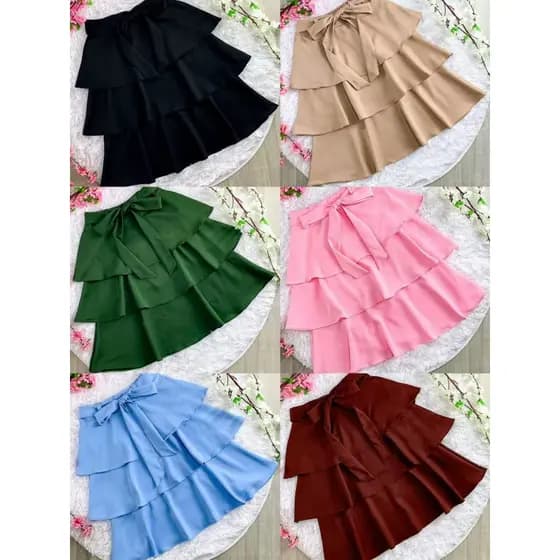 Saia Midi Alfaiataria 3 Babado com Laço Moda Feminina -067
