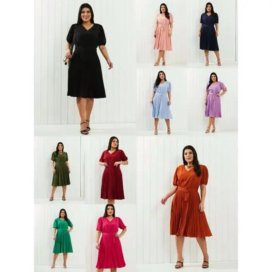 Vestido Plissado Plus Size Lisa Manga Curta Com Cinto Moda Feminina