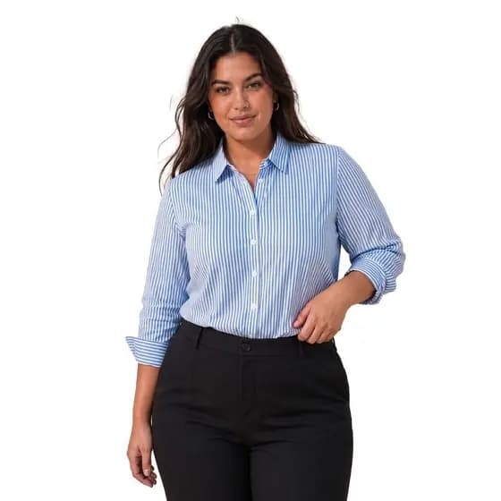 Blusa Plus Size Feminina Viscolinho Listrada Manga Longa Com Botões Gola Camisa Social
