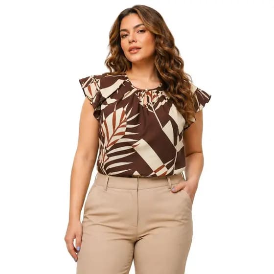 Blusa Feminina Plus Size Crepinho Manga Babado
