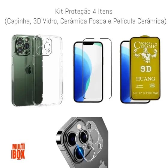 Kit Para Iphone 14 Pro Max Capa Anti Impacto + Película Câmera + Película 3D De Vidro + Película Cerâmica Fosca