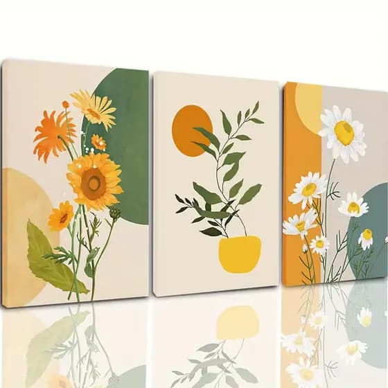 Quadro Decorativo Botânico Boho com Margaridas e Girassol