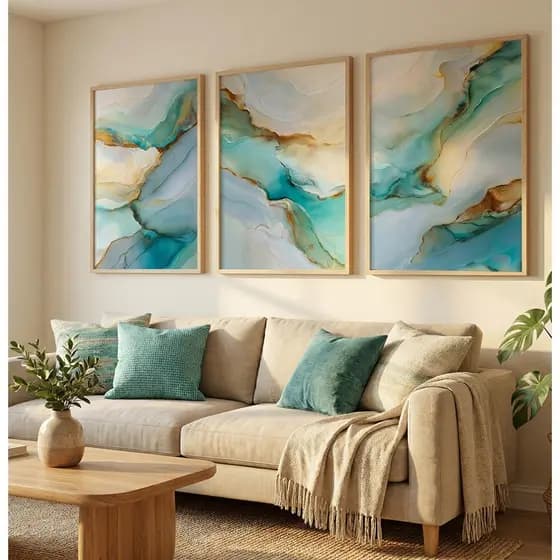 Quadros Decorativos Com MOLDURA FILETE Sala De Jantar Quarto Escritório Trio Abstrato Ondas Verdes