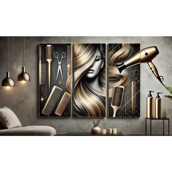 Quadro decorativo salão de beleza cabelereiro cabelo mulher cuidados produtos tesoura decoração para comércio creme