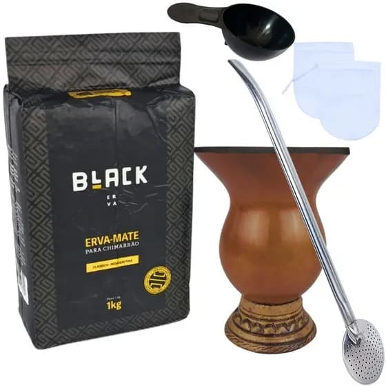 Kit Chimarrão com Erva Clássica Moagem Fina 1Kg + Cuia Porongo + Bomba Inox 23 CM