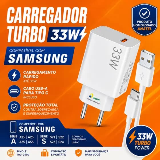 Carregador Turbo 33W Tipo C Compatível Samsung Galaxy A15 A25 A35 A55 S23 S24