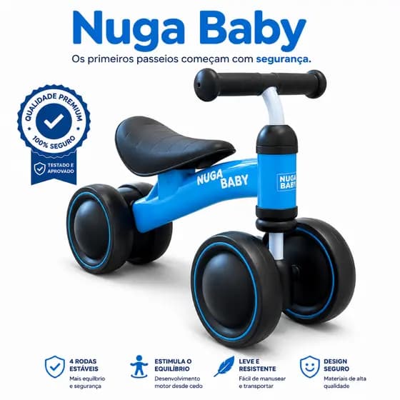 Bicicleta Infantil Sem Pedal 4 Rodas Nuga Baby Equilíbrio Estável Crianças 1 a 3 Anos Azul