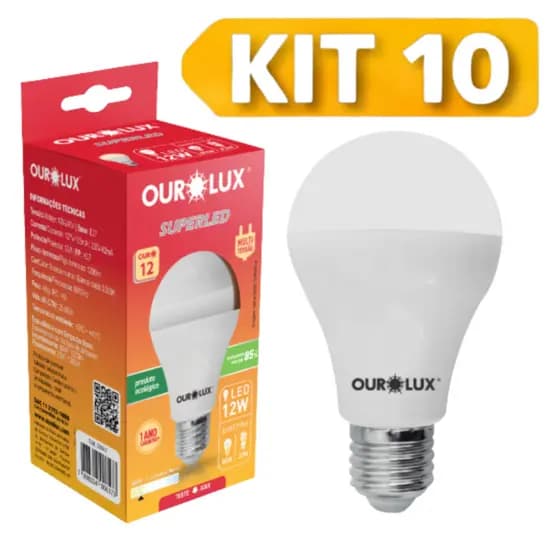 Kit 10 Lâmpadas SuperLED Ourolux 12W Cor Branco Quente 3000K Bivolt Alta Economia