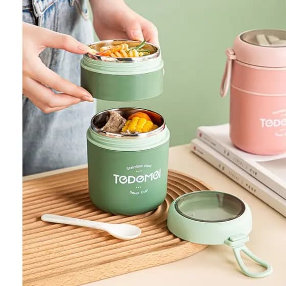 Lancheira Térmica 710ml Marmita 2 Divisórias Colher Pote Térmico Portátil Comida Quente Fria Escola