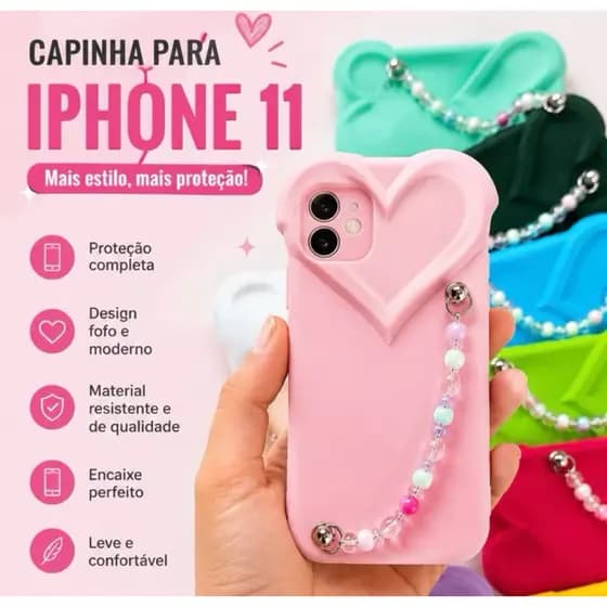 Capinha para iphone 11 cor sortida - CAPA IPHONE 11 - capa coração com acessorios - Capinhas de iphone barato
