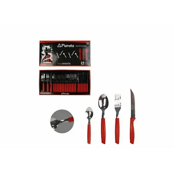 FAQUEIRO 24 PEÇAS AÇO INOX JOGO DE TALHERES COR PRETO E VERMELHO COM GARFO E FACA